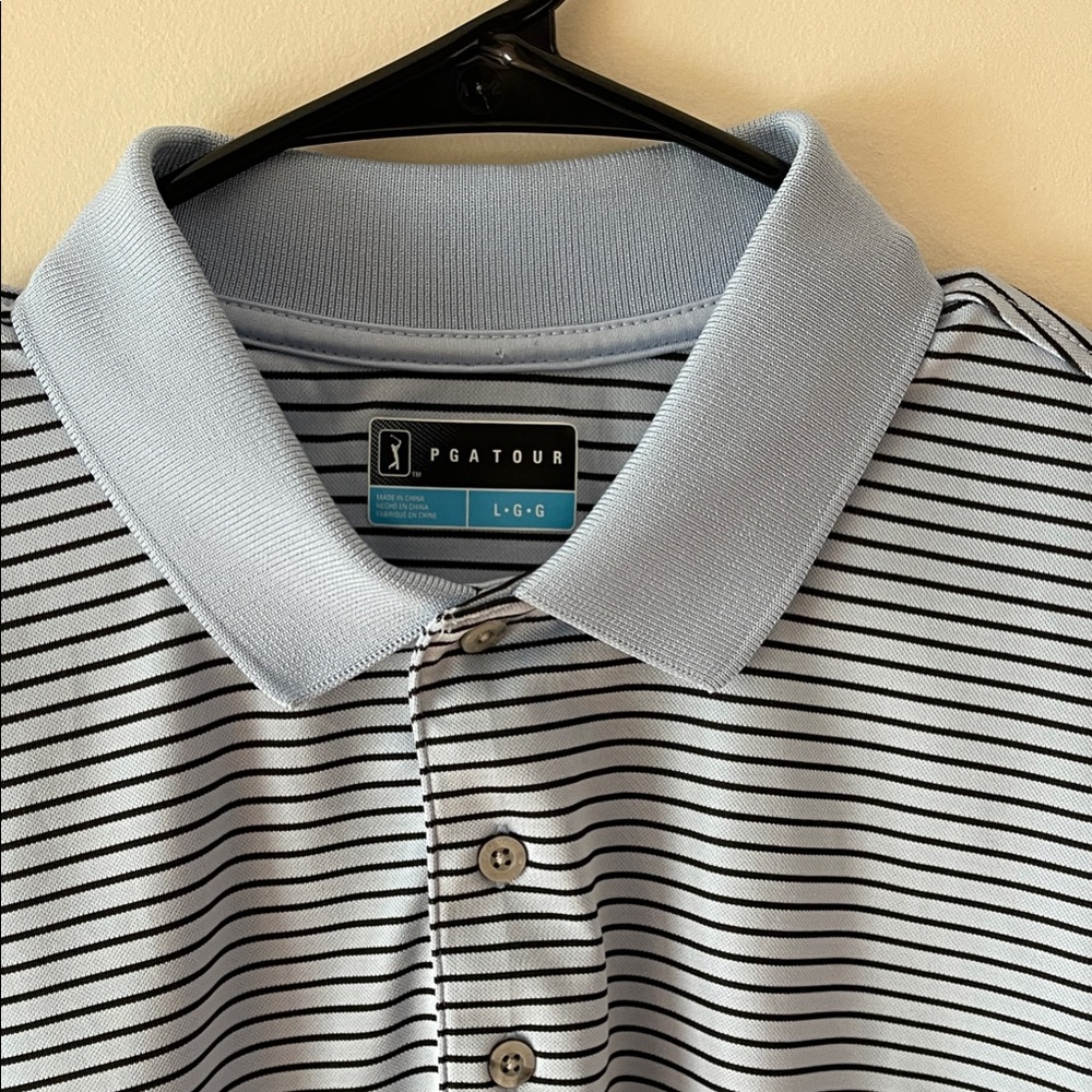 PGA Tour Men's Light Blue and Black Striped Polo